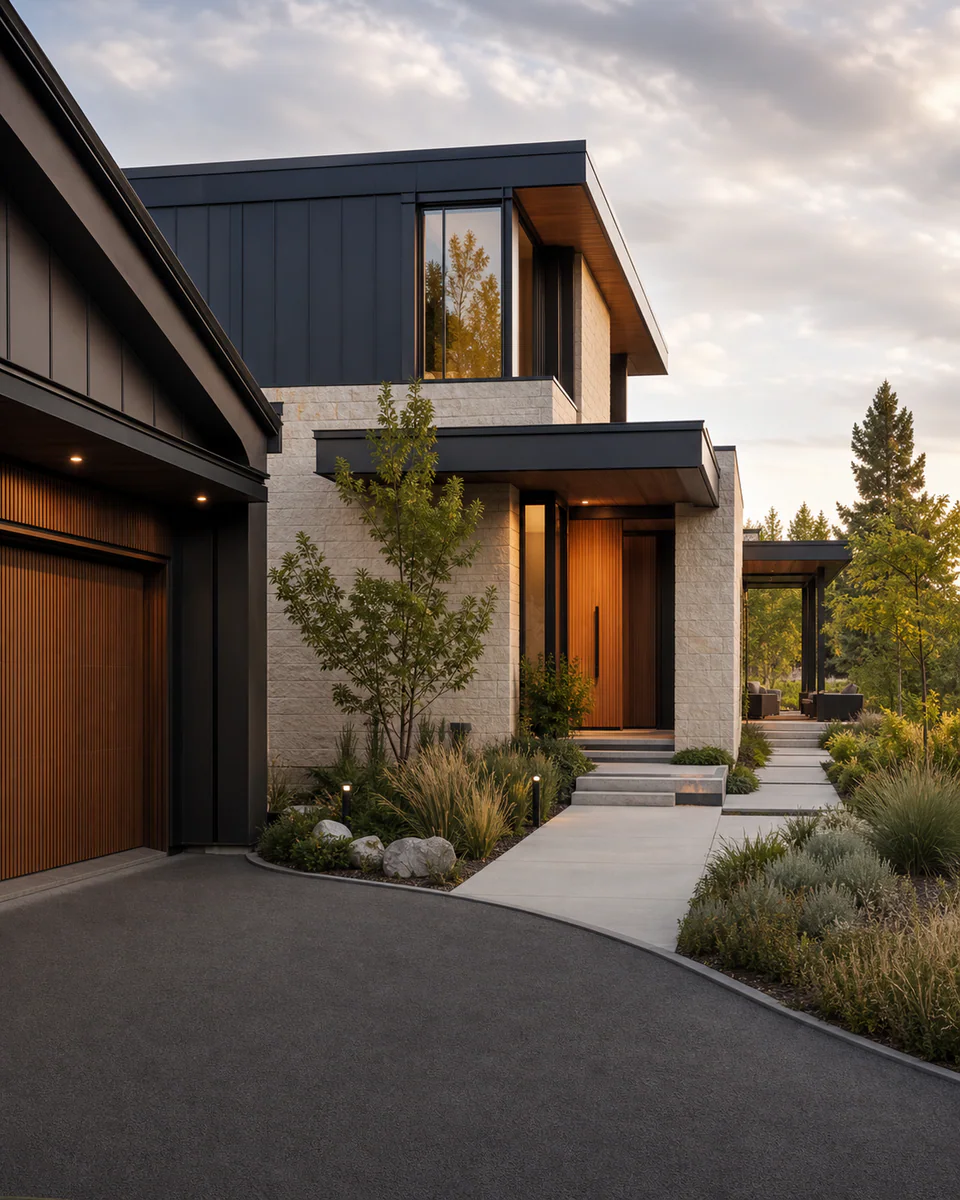 Custom home exterior illustrating arrival and residential circulation